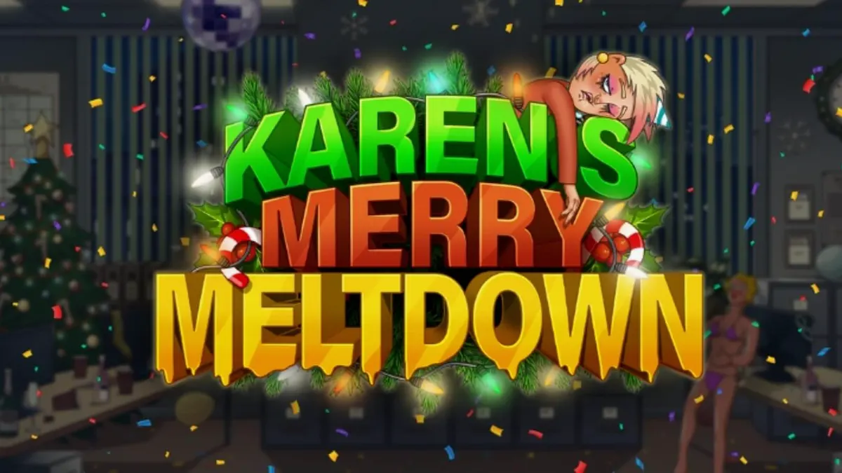 Interface do slot Karen’s Merry Meltdown com tema natalino e corporativo