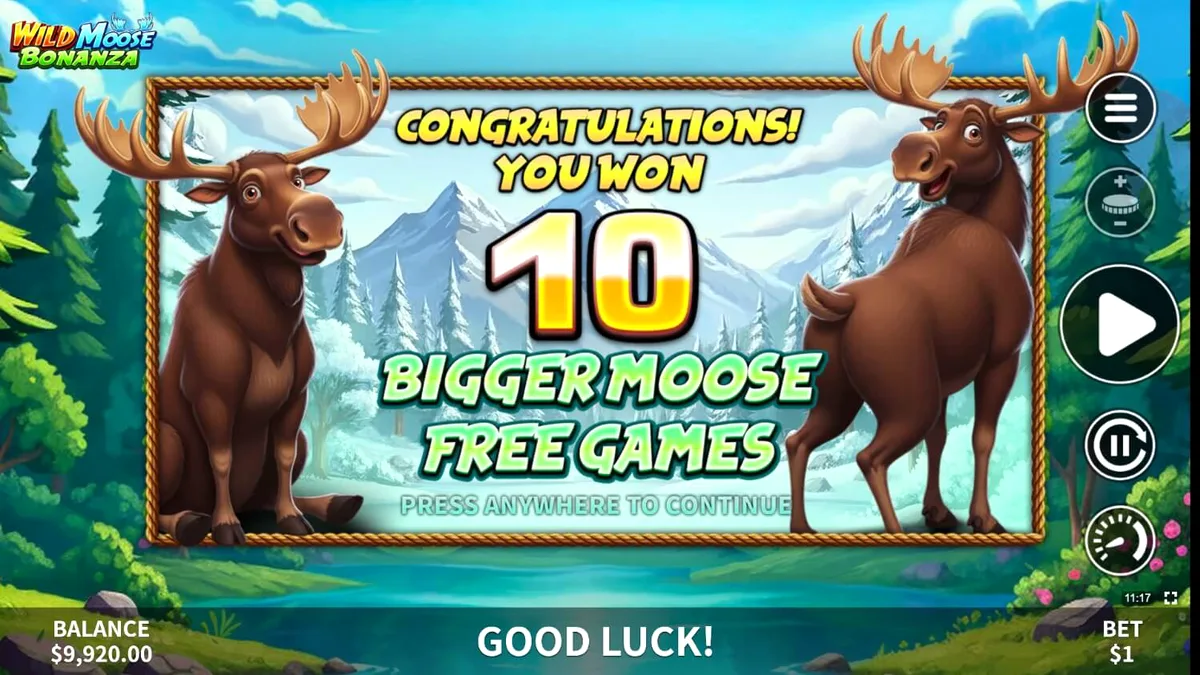 Interface do jogo de slot Wild Moose Bonanza com temática de floresta e alces